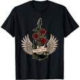 thumbnail image 1 of Guitar and Rose Rock and Roll Men Women Short Sleeve T-Shirt Black Casual Tee, 1 of 5