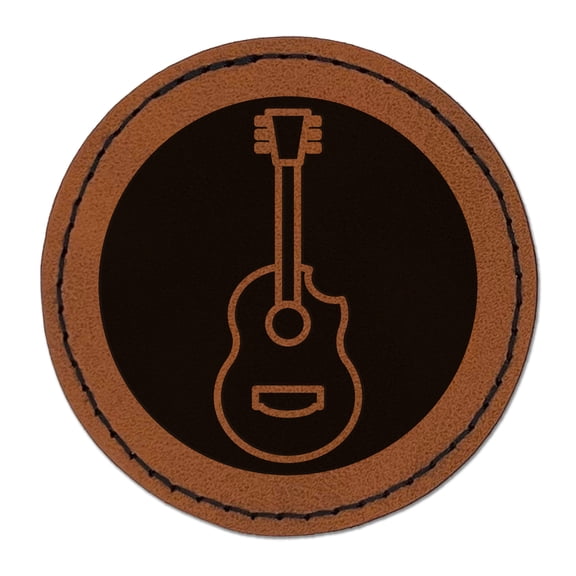 Guitar in Circle Music 2.5" Faux Leather Round Engraved Iron-On Patch - Brown