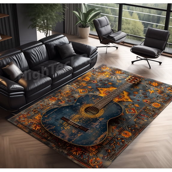 Guitar in Flower Garden Rug 3x5 ft = 95x155 cm Washable Rug