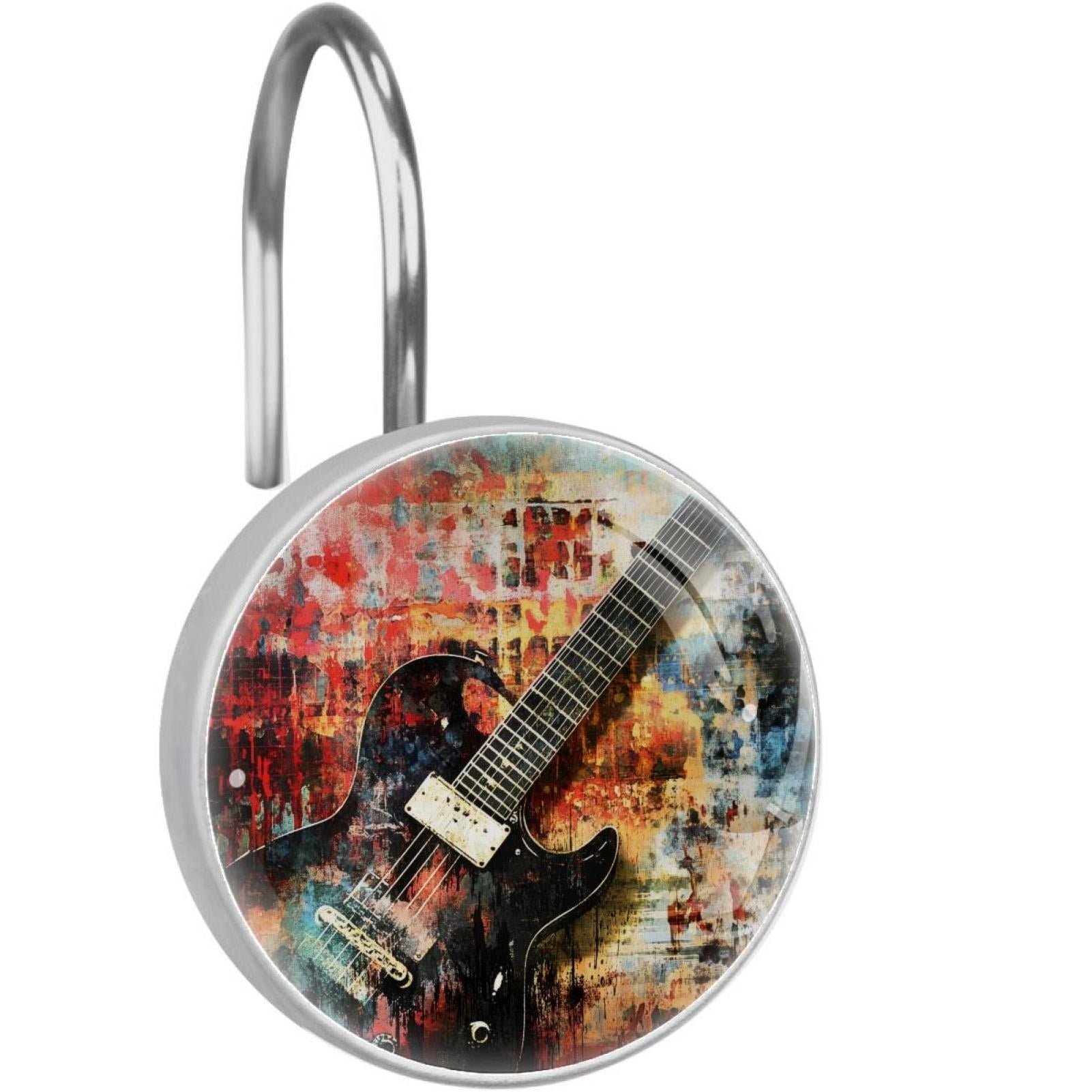 Guitar on Grunge Background Shower Curtain Hooks Round Crystal Glass, Set of 12 Shower Curtain Rings - Shower Hooks for Curtain Shower Rings