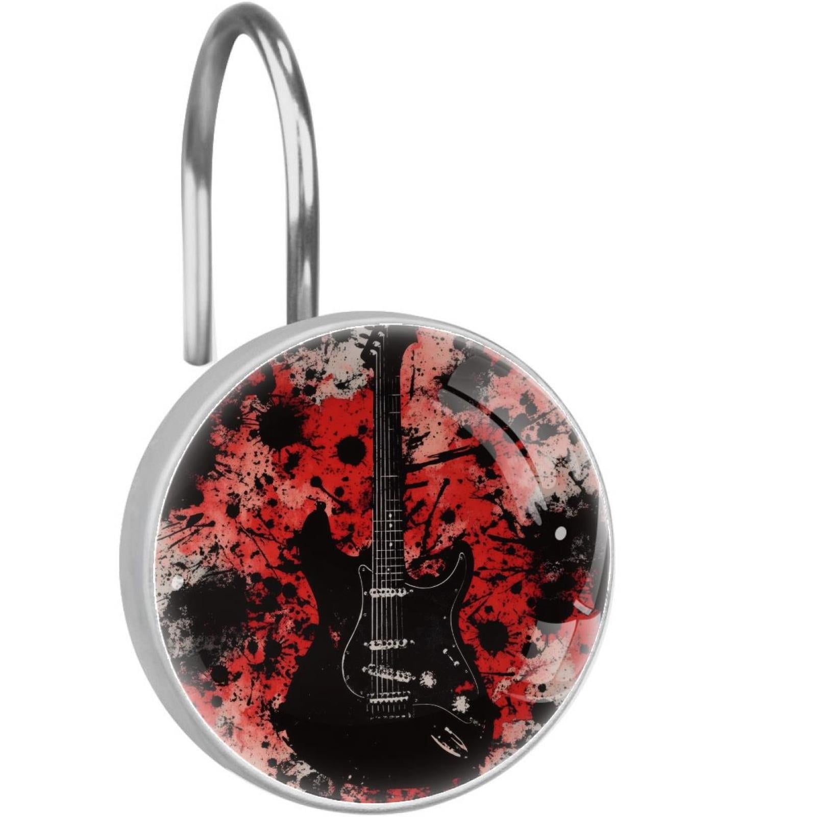 Guitar on Grunge Black and Red Shower Curtain Hooks Round Crystal Glass, Set of 12 Shower Curtain Rings - Shower Hooks for Curtain Shower Rings