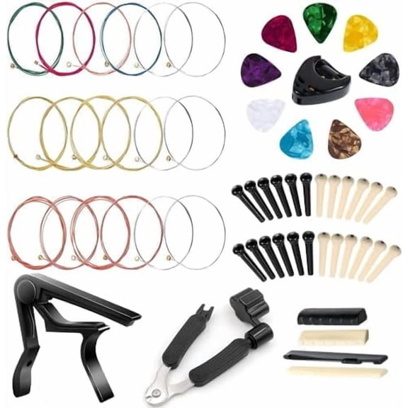 Guitar strings kit Guitar Accessories Kit Guitar Tool Changing Kit Include Acoustic Guitar Strings,Capo,3-in-1 Restring Tool,Picks,Picks Box,Bridge Pins, Nuts & Saddles (58 Pcs)$$Music