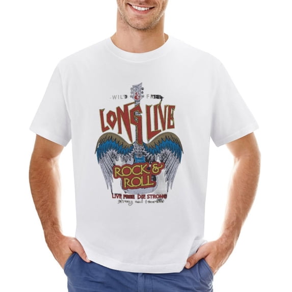 Guitar with Wing Rock And Roll Vector Long Life Men’s Graphic T-shirt Vintage Short Sleeve Sport Tee White S