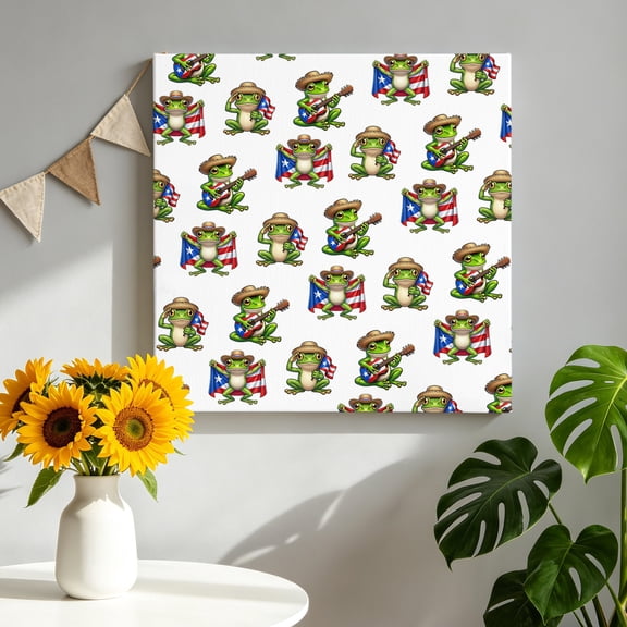 Guitarist Frogs Canvas Wall Art for Living Room, Funny Cute Green Cartoon Frog Red Blue American Flag Poster Print Painting for Bedroom Office Home Decoration Wall Pictures Prepare To Hang 8"x8"