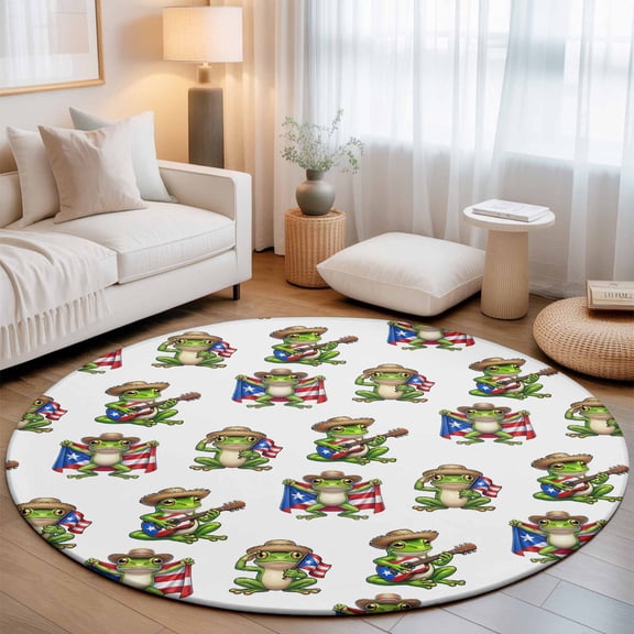 Guitarist Frogs Washable Round Area Rug 3 ft, Funny Cute Green Cartoon Frog Red Blue American Flag Soft Non Slip Rugs Stain Repellent Indoor Felt Carpet for Living Dining Room Bedroom Home Office