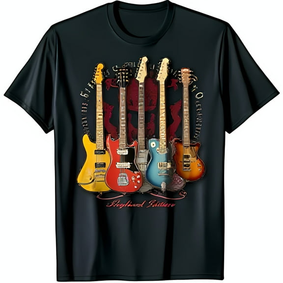 Guitars Black T-Shirt with Colorful Design