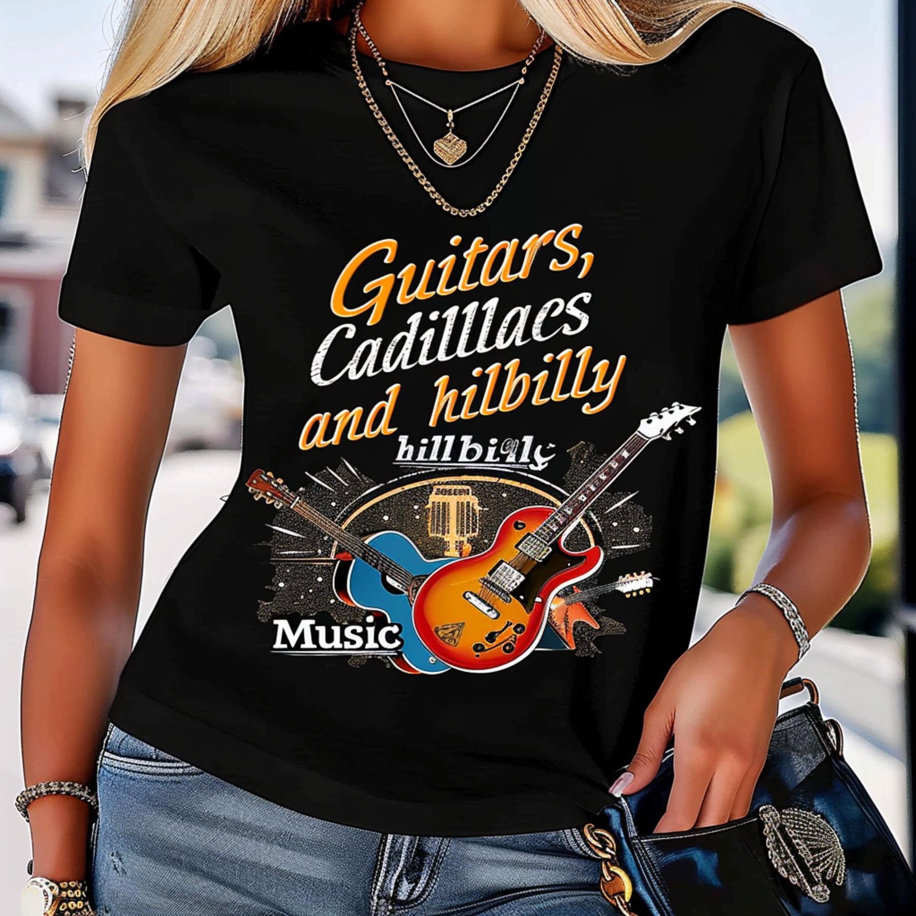 Guitars Cadillacs Music Retro Black T Shirt with Woman Design