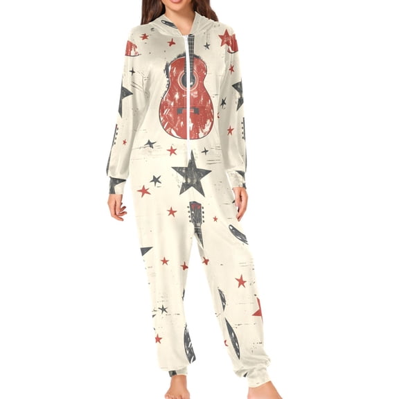 Guitars Stars Western Cowboy Hats Adult's Hoodie Onesie Jumpsuit One-Piece Pajamas with Zipper Unisex for Holiday M
