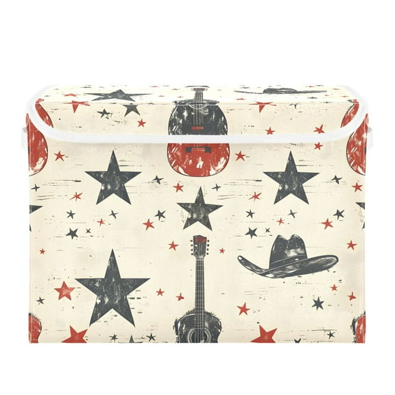 Guitars Stars Western Cowboy Hats Foldable Storage Bin with Lid and Handle Collapsible Storage Box 16.5 x 12.6 x 11.8 inches