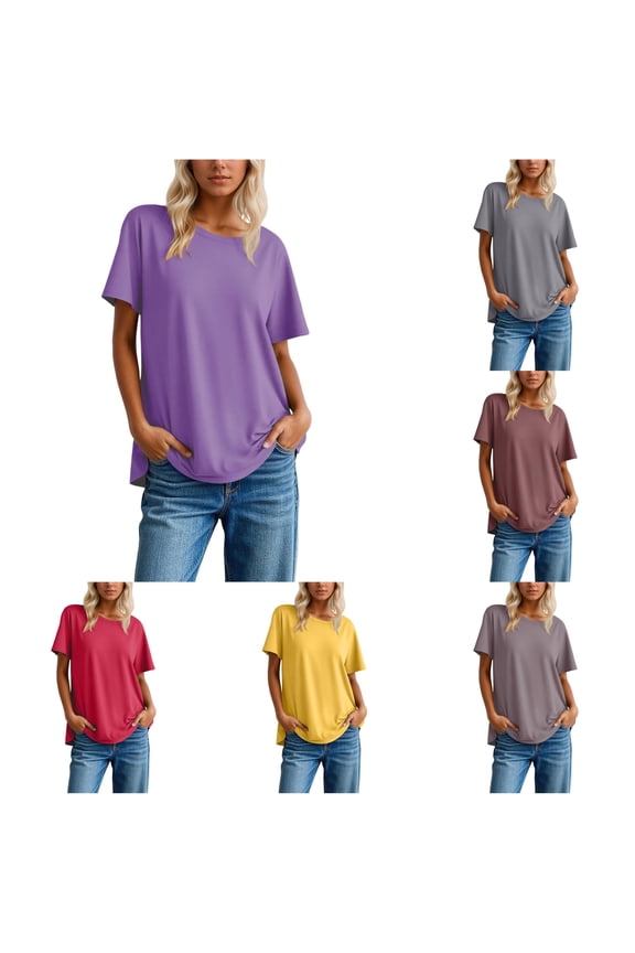 Classic Solid Color Casual Tee Shirt Basic Comfortable Soft Everyday Blended Short Sleeve for Ladies Womens Solid Color T Shirts Fashion Shirt Women Burnout Tee Shirts Long Sleeve Shirt