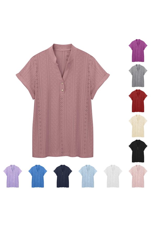 Elegant Courtly Lattice Neck Short Sleeve Loose Button Down Blouse Top for Casual and Dressy T Shirt Woman S Workout Top Layering Long Sleeve Shirts for Women Top Women Summer Womens Work