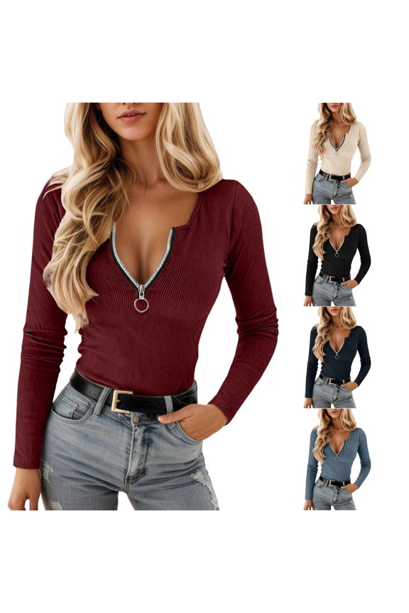 Elegant Ribbed Knit Long Sleeve Zip Up T Shirt Fall Winter Fashion Crewneck Casual for Daily Wear and Comfort Turtle Neck T Shirts for Women Sleeve T Long Sleeve Shirt T Short Compression