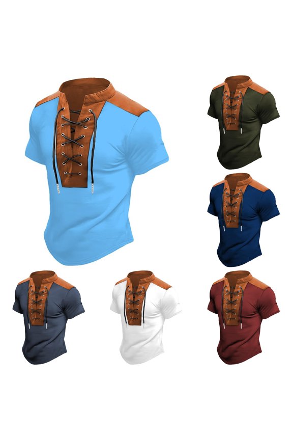 European Color Blocked Stand Up Collar Open Collar Design V Neck Shirt for Men Casual and Comfortable Foreign Trade Short Sleeved T Shirt 2xl Tall Mens T Shirts Mens Shirts Tall Sizes Men