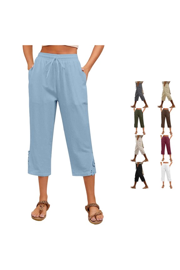 Lightweight Loose Fit Casual Pants For With Lace And High Waist 3/4 Length Relaxed Trousers Comfortable Pants for Women Casual, Size M
