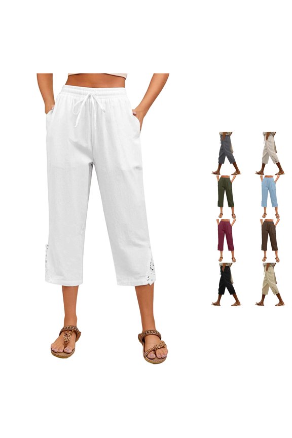 Lightweight Loose Fit Casual Pants For With Lace And High Waist 3/4 Length Relaxed Trousers Comfortable Pants for Women Casual, Size M