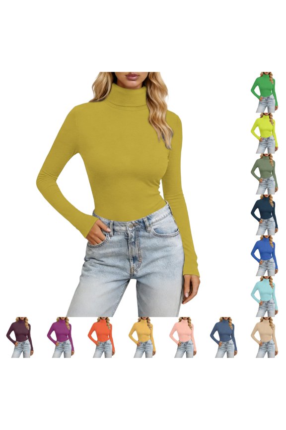 Long Sleeve High Neck Slim Fit Stretch Casual Basic Solid Color Tee Shirt Turtle Neck T Shirts for Women Spandex Shirt Women Long Sleeve Tees dish Top Workout Tees Women Long Sleeve for