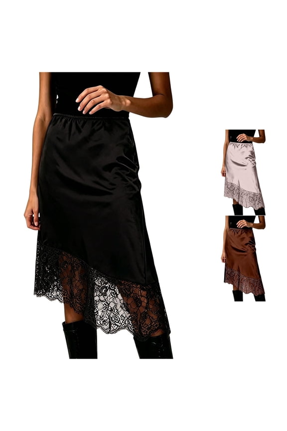 Satin Lace Insert Midi Skirt With Floral Embroidered For Summer Casual Pencil Skirt for Women, Size L