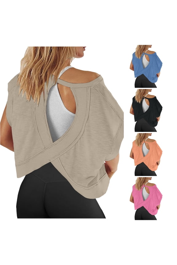Women Short Sleeve Workout Shirts Open Back Tops Casual Yoga Athletic Gym Slouchy Crop Running Tees Long Sleeve Women Running Shirt Large Women's Tops Women's Shirts Summer Hiking Shirts