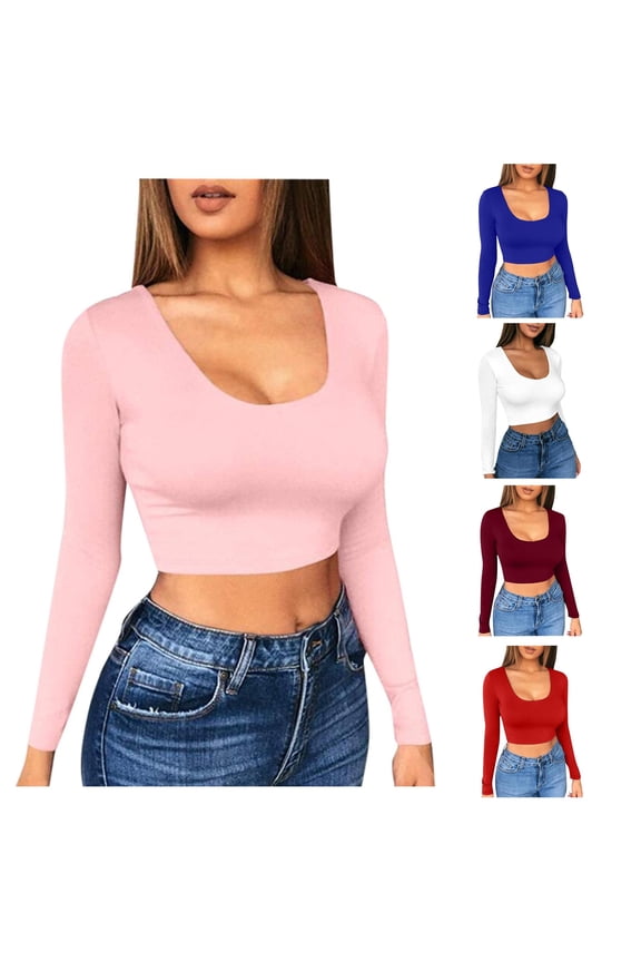 Women Solid Color Bottom Shirt Short Cut Low Cut With Navel Tight Fitting Long Sleeved T Shirt For Women Workout Shirts Large, Size M