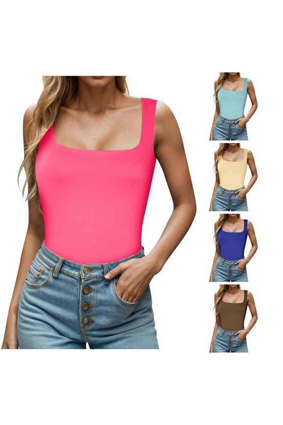 Women Square Neck Sleeveless Double Layer Tight Tank Top for Women Spaghetti Tops for Women Workout Knit Bra Tops for Women plus Half Camisoles for Layering Ladies Camisoles and Camisole