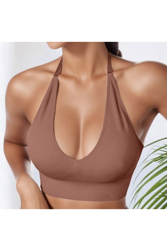 Women's Halterneck Sports Bra Backless V Neck Sports Bustier Padded Gym Push Up Bra Backless Adjustable Straps Female Workout Clothes Yoga Bras for Women High Support Yoga Shelf Bra Yoga
