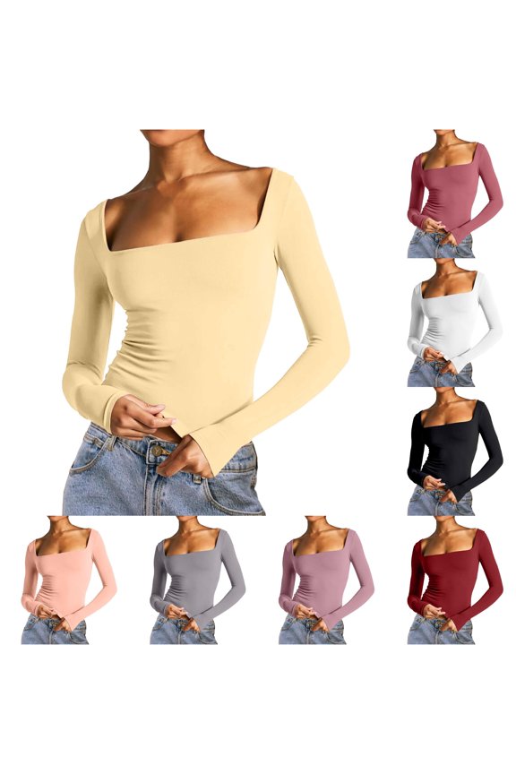 Women's Long Sleeve Crop Top Square Neck Double Lined Basic Slim Fit T Shirt T Shirts Long Sleeve Women Shirt of Women Long Sleeve Fitted Shirt Women Ringer Tee Was Out Long Sleeve Womens