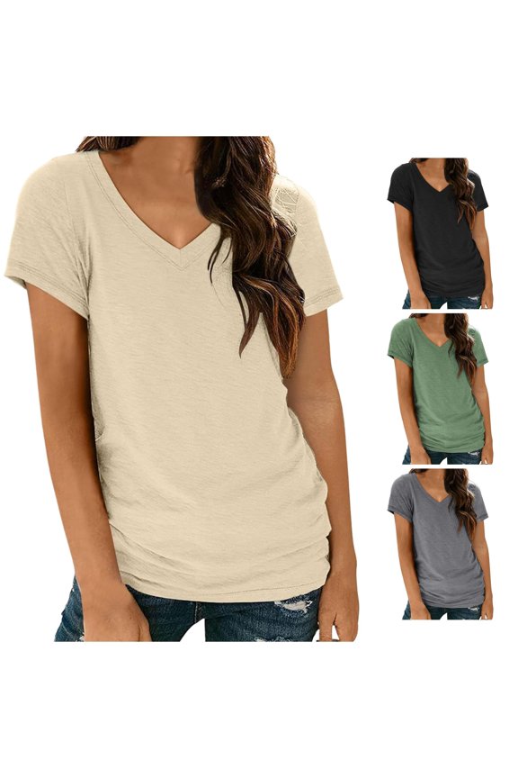Women's Solid Color V Neck Casual Short Sleeve T Shirt | Fashionable & Versatile Basic Tee Womens Tech Shirts Light Shirts for Women Athletic Top T Pack Loose T Shirts Ladies Tee Tops