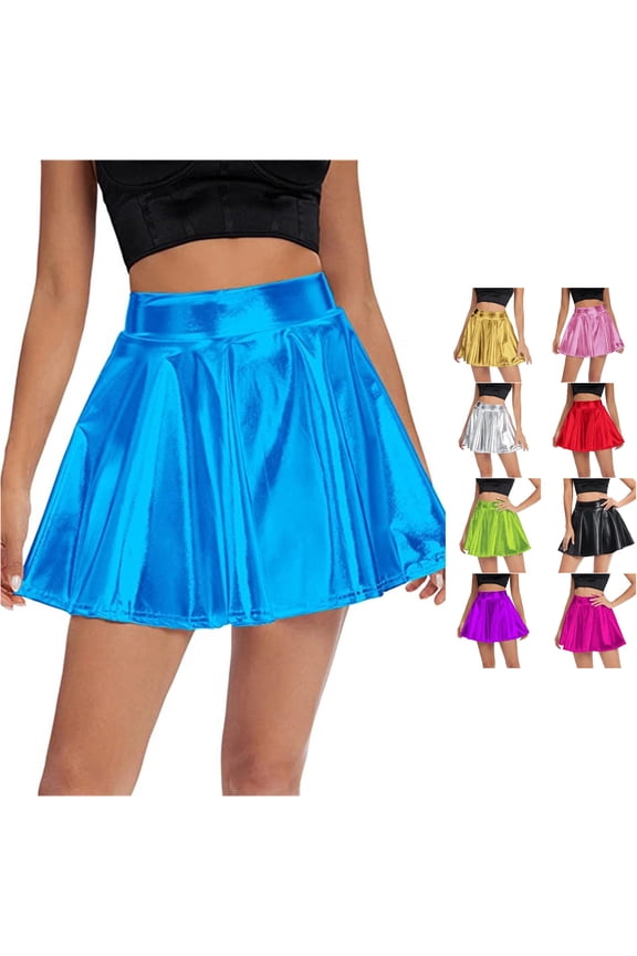 Women's Solid Shiny Flared Pleated Skirt Party Skirt Poodle Skirt for Girls, Size M