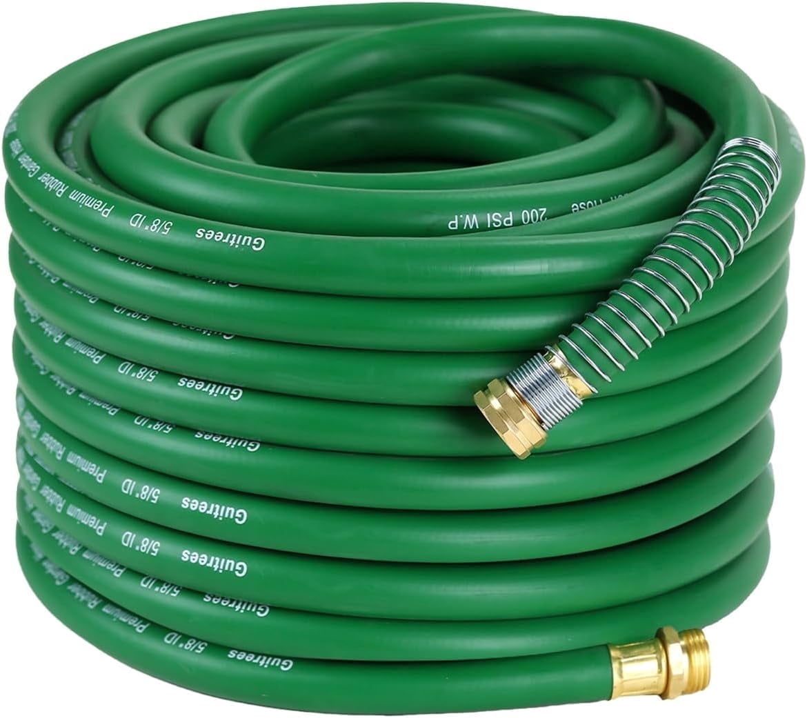 Guitrees 100FT 5/8 Heavy Duty Rubber Garden Hose - 200psi Working, 1000psi Burst - Hot/Cold Water - Five-Layered Braiding for Durability - Versatile for Gardening, Agriculture, Construction(Green)