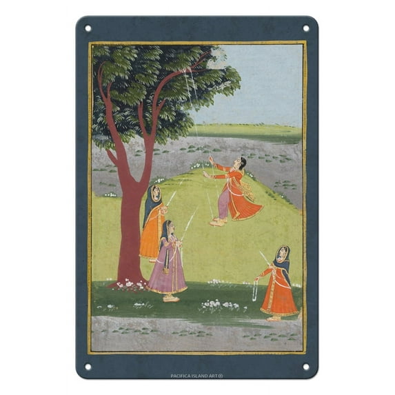 Gujarat India - Lord Krishna’s Consorts on Swings - Vintage Indian Miniature Painting c.1800's - 8 x 12 inch Vintage Metal Tin Sign