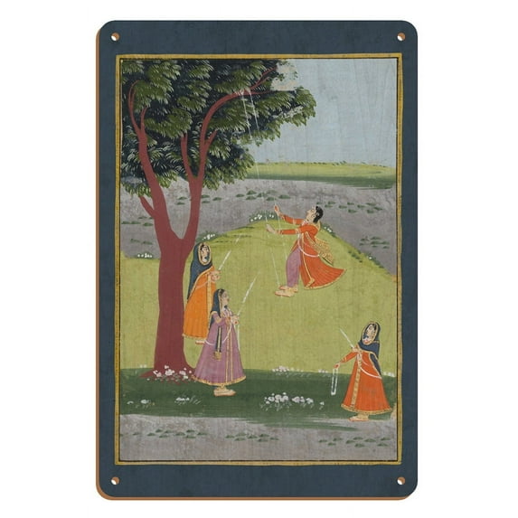 Gujarat India - Lord Krishna’s Consorts on Swings - Vintage Indian Miniature Painting c.1800's - 8 x 12 inch Vintage Wood Art Sign