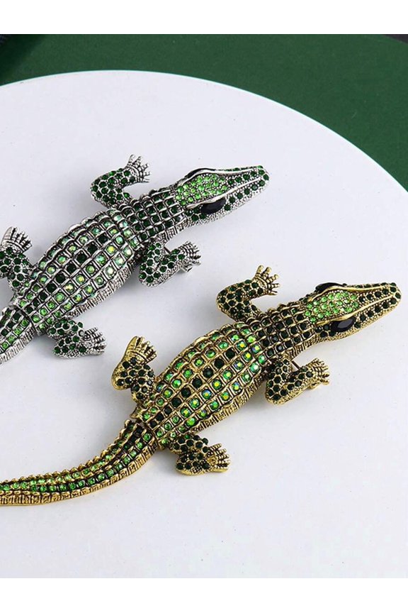 Gujinlan Crocodile Alloy Studded Movable Brooch With Green Rhinestones For Women Fashion Accessory