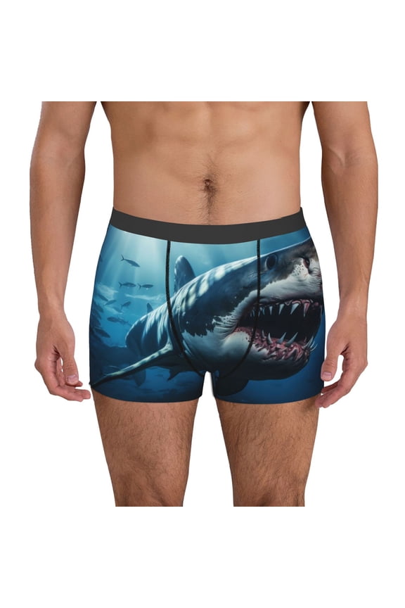 3D Realistic Shark Print Men's Boxer Briefs, High Elastic Moisture Wicking Boxer Briefs Underwear-Medium