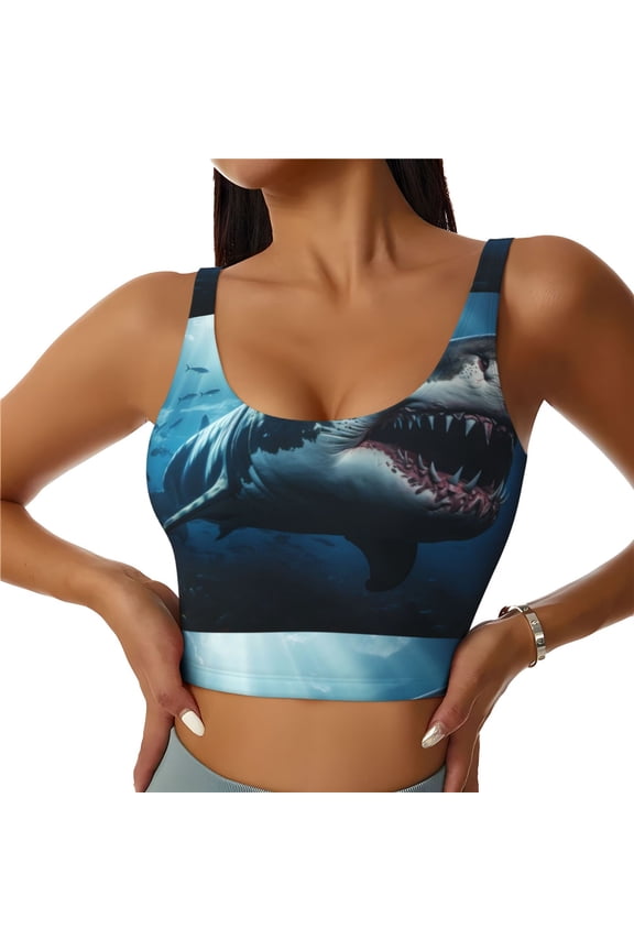 3D Realistic Shark Print Women's Sports Vest, Low-neck U-shaped Removable Pad Sports Bra for Yoga, Exercise, Dance-Medium