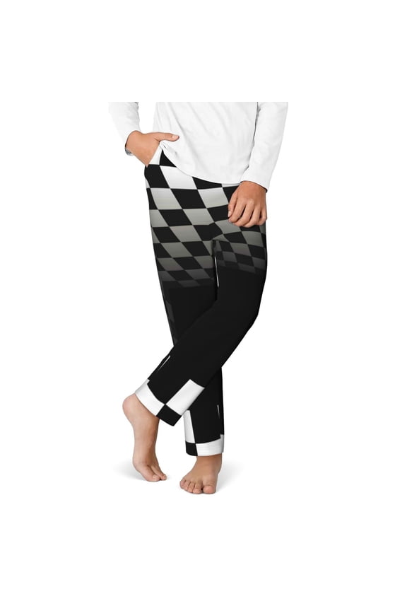 3d Black and White Checkerboard Tunnel Print Youth Home Trousers, Elastic Waistband with Pockets for Home and Outing, Suitable for Children Aged 5-16-Large