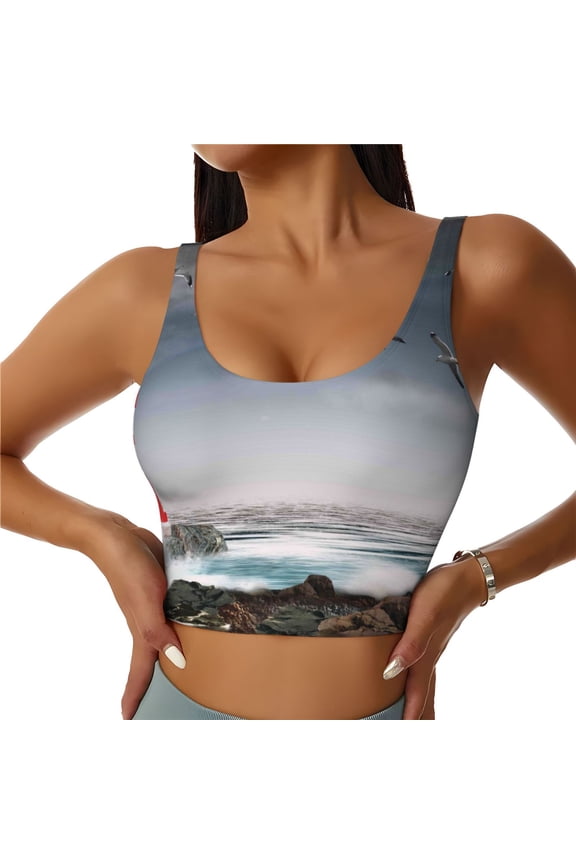 3d Lighthouse in the Surf Print Women's Sports Vest, Low-neck U-shaped Removable Pad Sports Bra for Yoga, Exercise, Dance-Medium