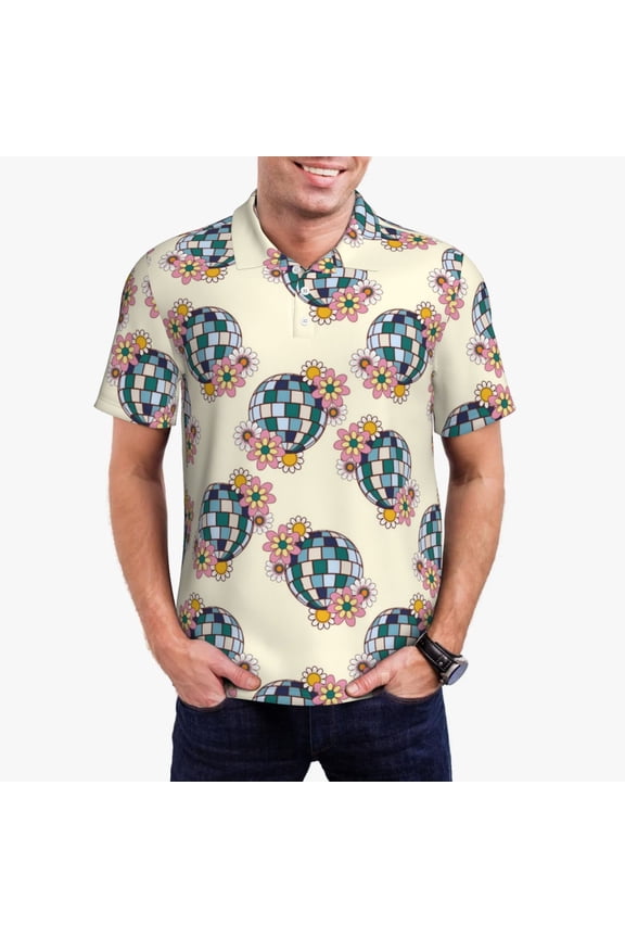 70s Disco Ball Print Men's Quick-drying POLO Shirt, Button-down Summer T-shirt, Suitable for Work and Outdoor Activities-Medium
