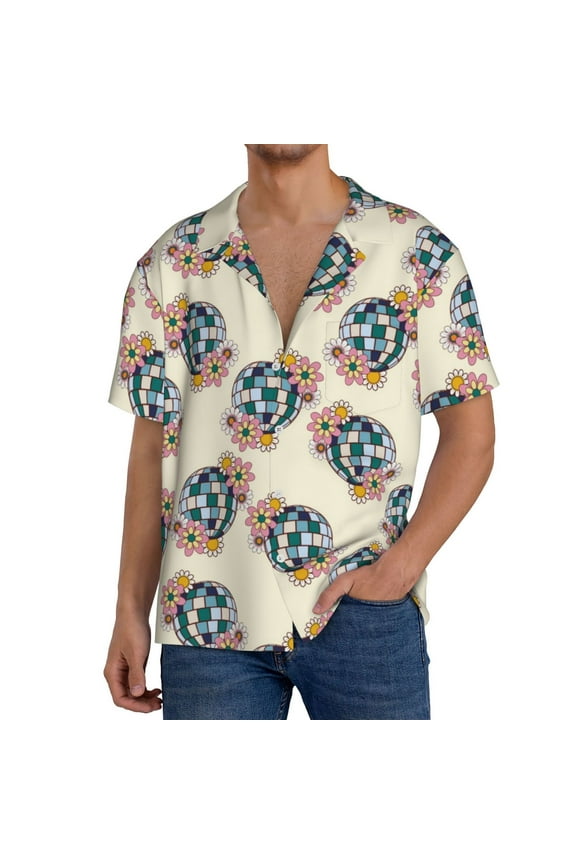 70s Disco Ball Print Men's Short-sleeved Shirts, Button-down Pocket Shirts, T-shirts, Beach Vacation Travel Summer Clothing-Small