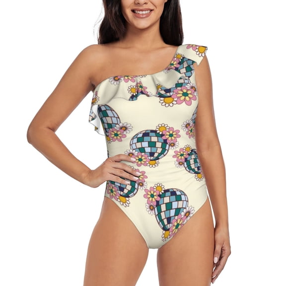 Gukieu 70s Disco Ball Print One-shoulder Ruffled One-piece Swimsuit with Removable Chest Pads and Tummy-control Swimsuit for Women-XX-Large