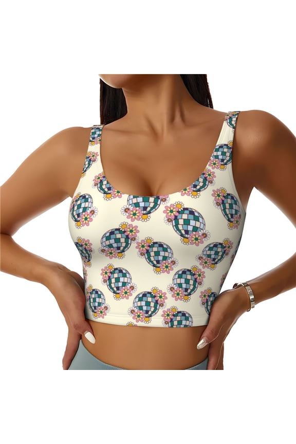 70s Disco Ball Print Women's Sports Vest, Low-neck U-shaped Removable Pad Sports Bra for Yoga, Exercise, Dance-X-Large