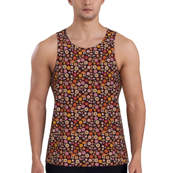 Gukieu 70s Groovy Hippie Retro Print Men's Quick Dry Fitness Vest, Round Neck Sleeveless Fitness Bodybuilding Top-X-Large