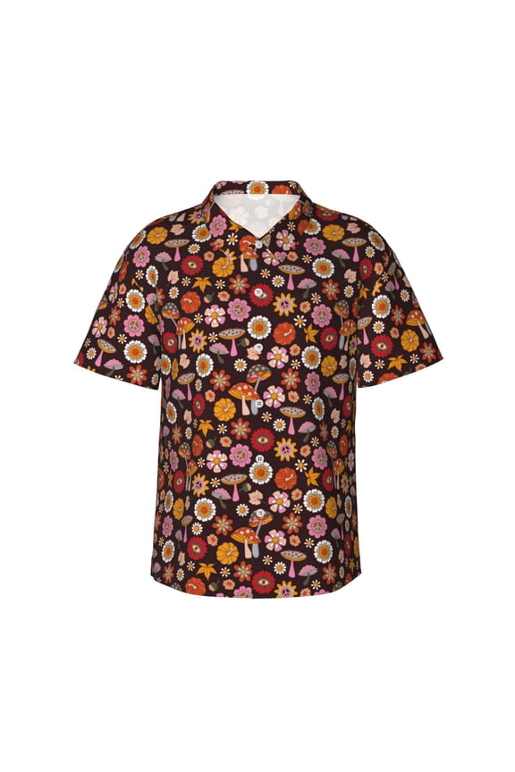 70s Groovy Hippie Retro Print Men's Short-sleeved Shirts, Button-down Lapel Hawaiian Shirts, T-shirts, Beach Vacation Summer Casual Wear,Medium