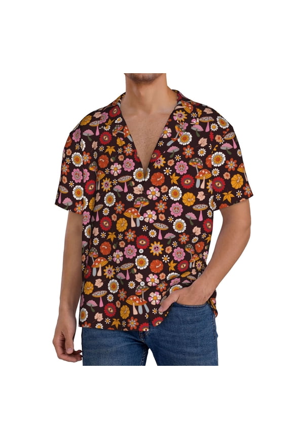 70s Groovy Hippie Retro Print Men's Short-sleeved Shirts, Button-down Pocket Shirts, T-shirts, Beach Vacation Travel Summer Clothing-Large