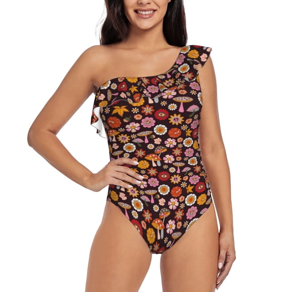 Gukieu 70s Groovy Hippie Retro Print One-shoulder Ruffled One-piece Swimsuit with Removable Chest Pads and Tummy-control Swimsuit for Women-X-Large