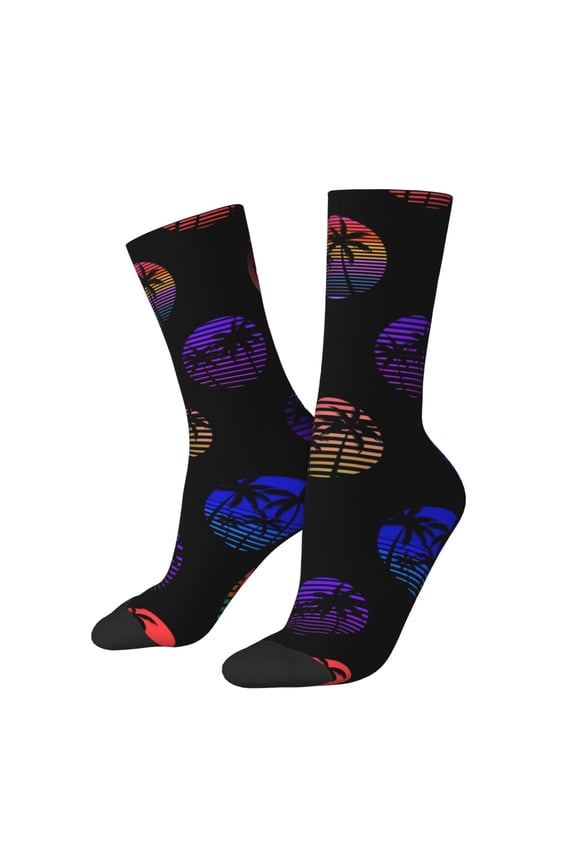 80s Style Palm Trees Print Contrast Color Mid-calf Socks, Sweat-wicking Athletic Socks, Unisex Clothing Accessories