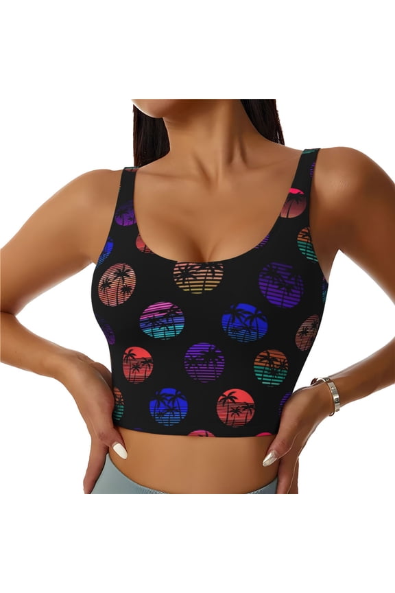 80s Style Palm Trees Print Women's Sports Vest, Low-neck U-shaped Removable Pad Sports Bra for Yoga, Exercise, Dance-Medium