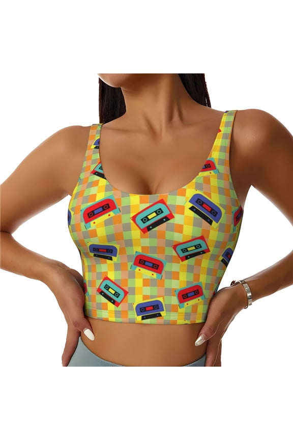 90s Audio Tape Print Women's Sports Vest, Low-neck U-shaped Removable Pad Sports Bra for Yoga, Exercise, Dance-