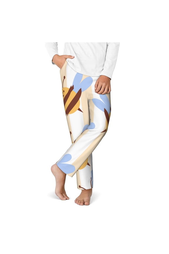 A Bee Print Youth Home Trousers, Elastic Waistband with Pockets for Home and Outing, Suitable for Children Aged 5-16-Small