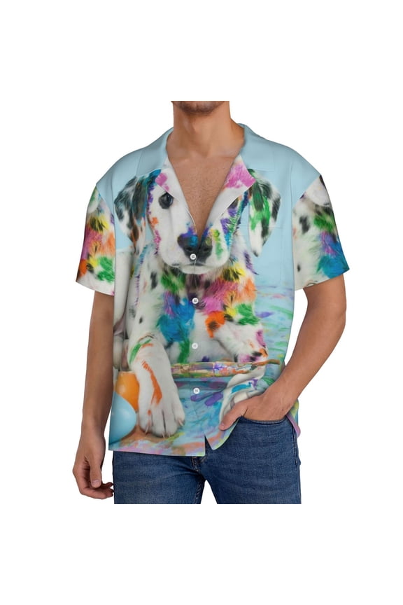 A Funny Little Dalmatian Puppy Print Men's Short-sleeved Shirts, Button-down Pocket Shirts, T-shirts, Beach Vacation Travel Summer Clothing-Small