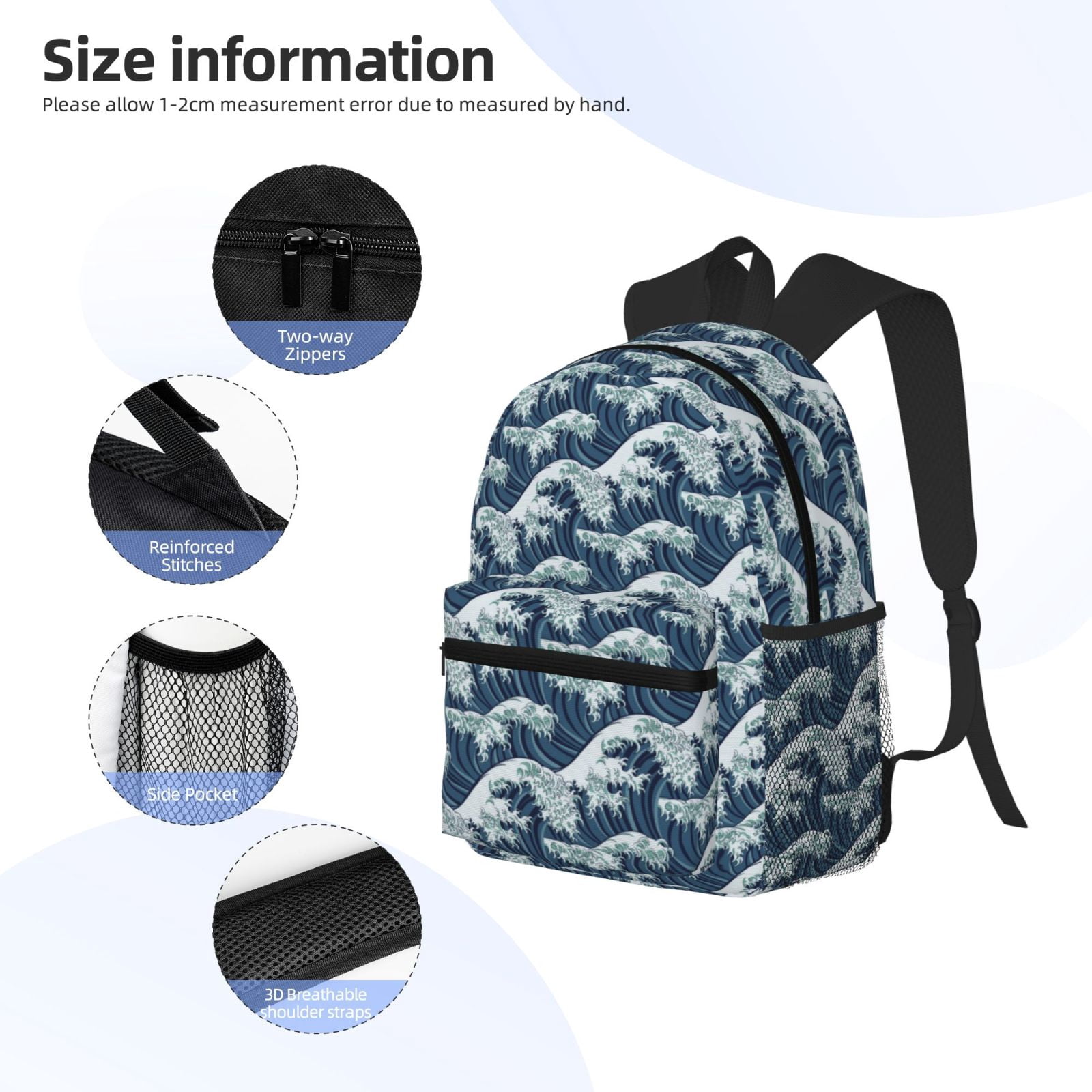 Gukieu A Japanese Great Wave Print Backpack, Waterproof Backpack with Adjustable Shoulder Straps, Suitable for Campus, Business, Travel, Unisex
